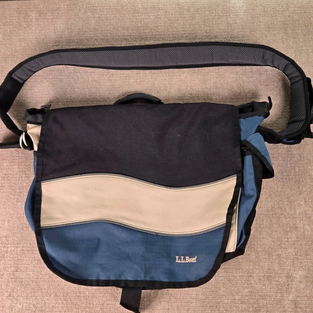 Vtg L L Bean OWP-21 Blk/Blue/Beige Crossbody Messenger Laptop Bag ~21